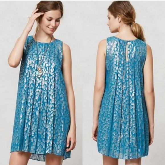 Anthropologie S/B Sachin + Babi Teal Metallic Polka Dot Silk Chiffon Dress 2 - Picture 1 of 10